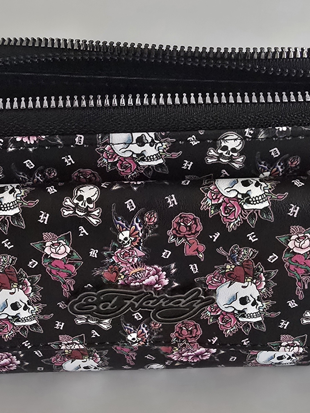 Ed HardyBlack Floral Skull Print Wallet On A String